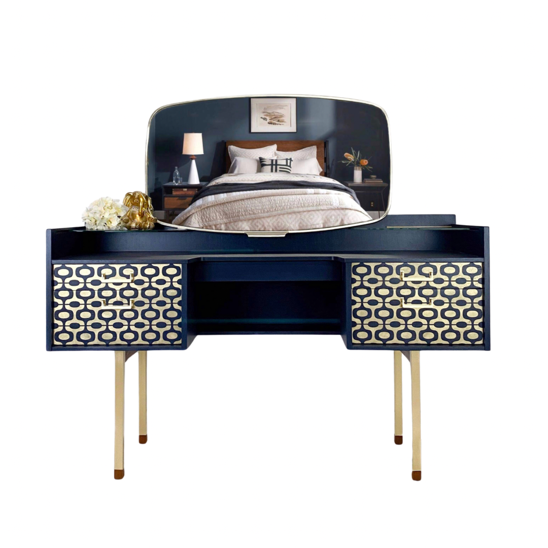 vintage 1960s Dressing Table Vanity in Navy with  Gold 